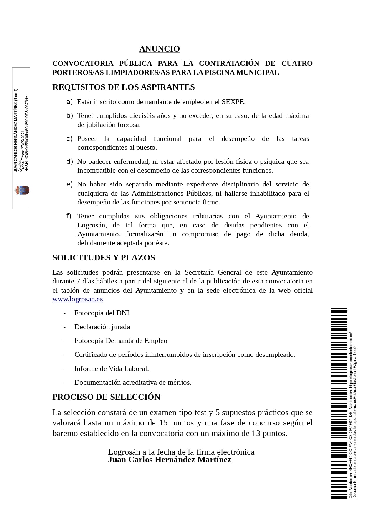 4 porteros-as limpiadores-as para la piscina municipal (2021) - Logrosán (Cáceres) 1