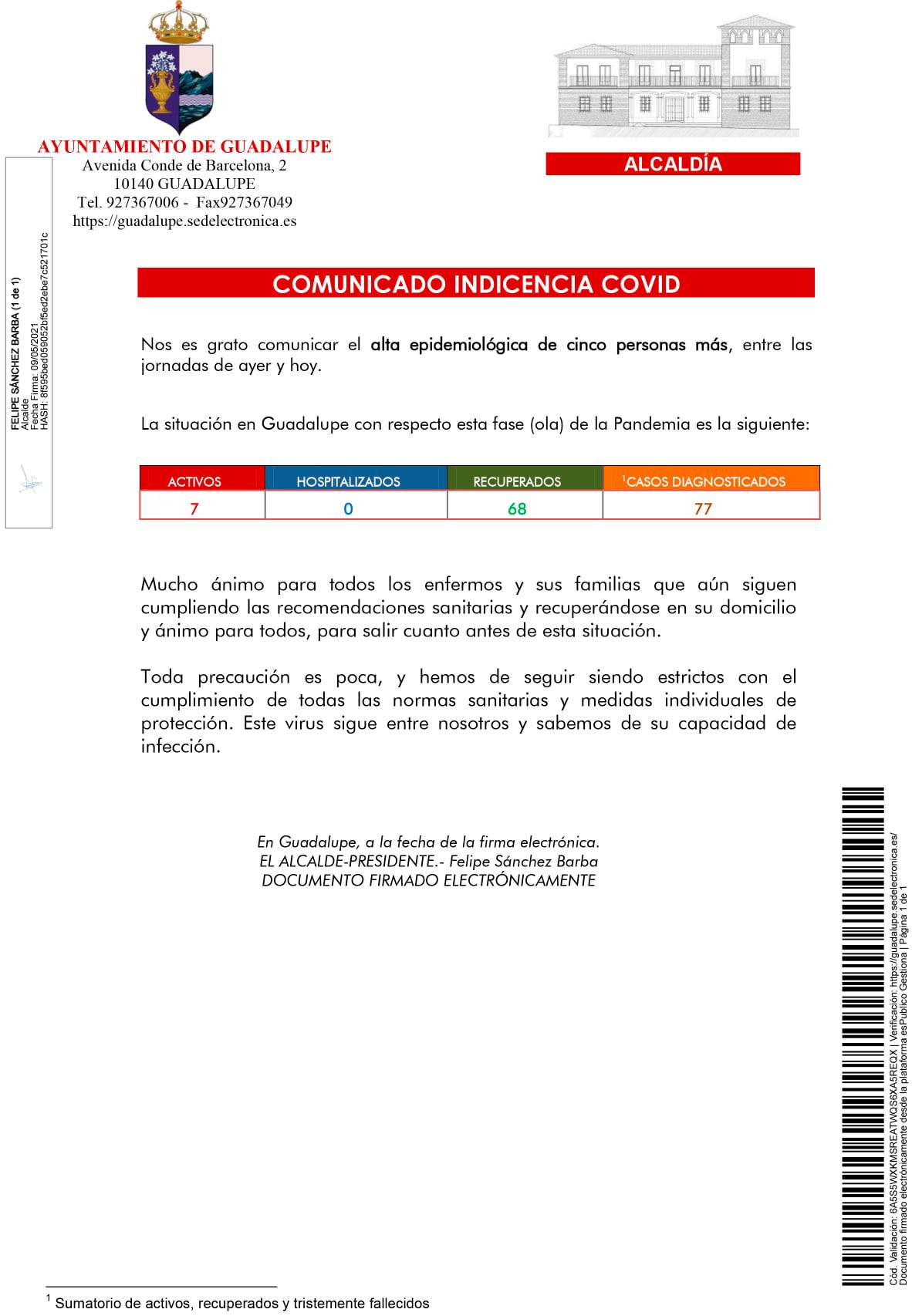 5 nuevas altas de COVID-19 (mayo 2021) - Guadalupe (Cáceres)