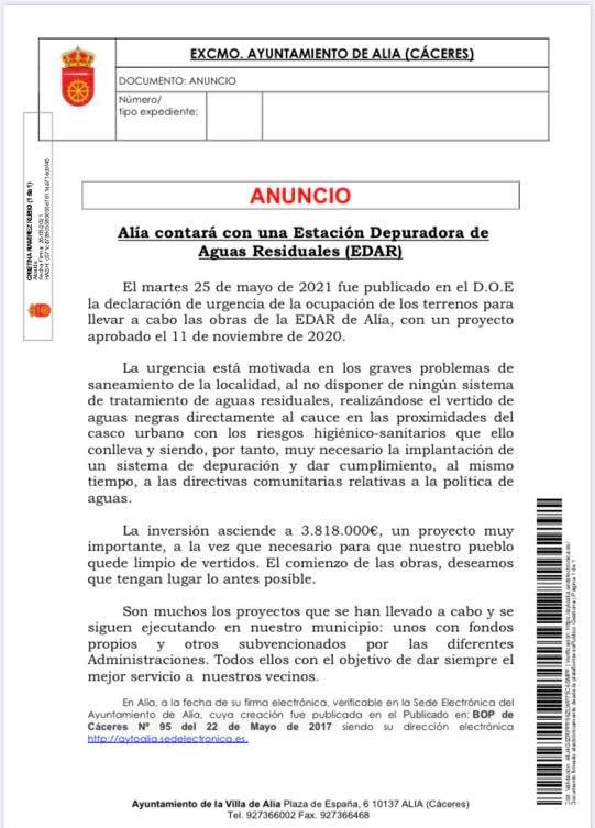 Alía (Cáceres) contará con una estación depuradora de aguas residuales (2021)