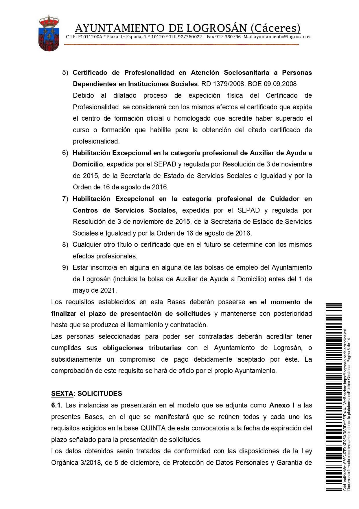 Bolsa de empleo de auxiliar de ayuda a domicilio (2021) - Logrosán (Cáceres) 5