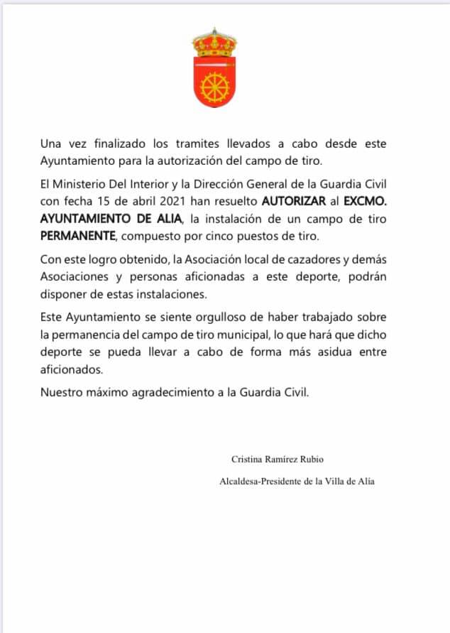 Concedida la instalación de un campo de tiro permanente (2021) - Alía (Cáceres)