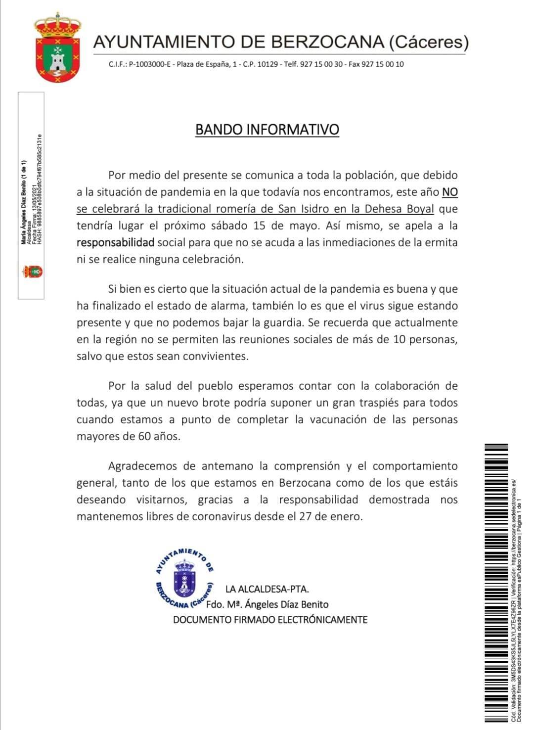 No se celebrará la romería de San Isidro (2021) - Berzocana (Cáceres)