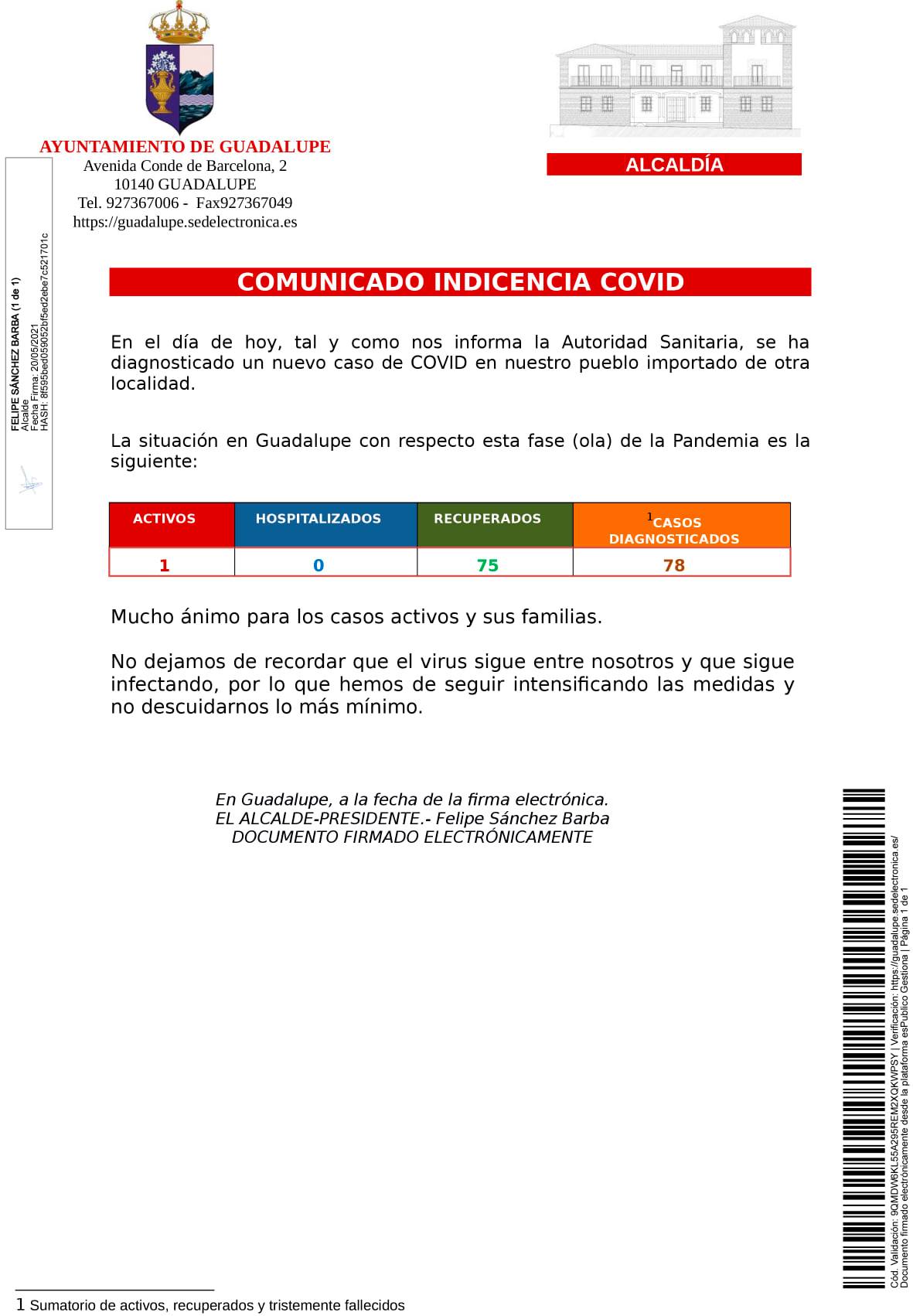 Nuevo caso positivo de COVID-19 (mayo 2021) - Guadalupe (Cáceres)