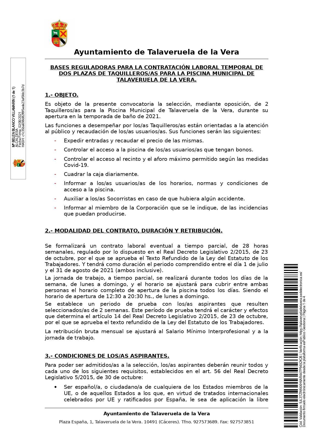 2 taquilleros-as para la piscina municipal (2021) - Talaveruela de la Vera (Cáceres) 1