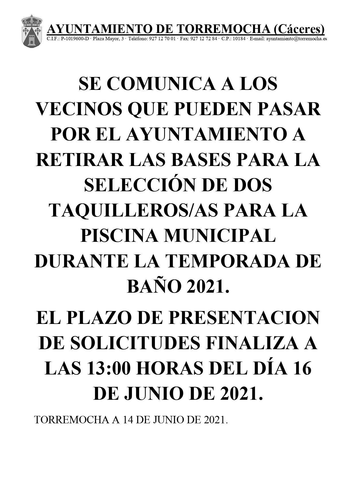 2 taquilleros-as para la piscina municipal (2021) - Torremocha (Cáceres)
