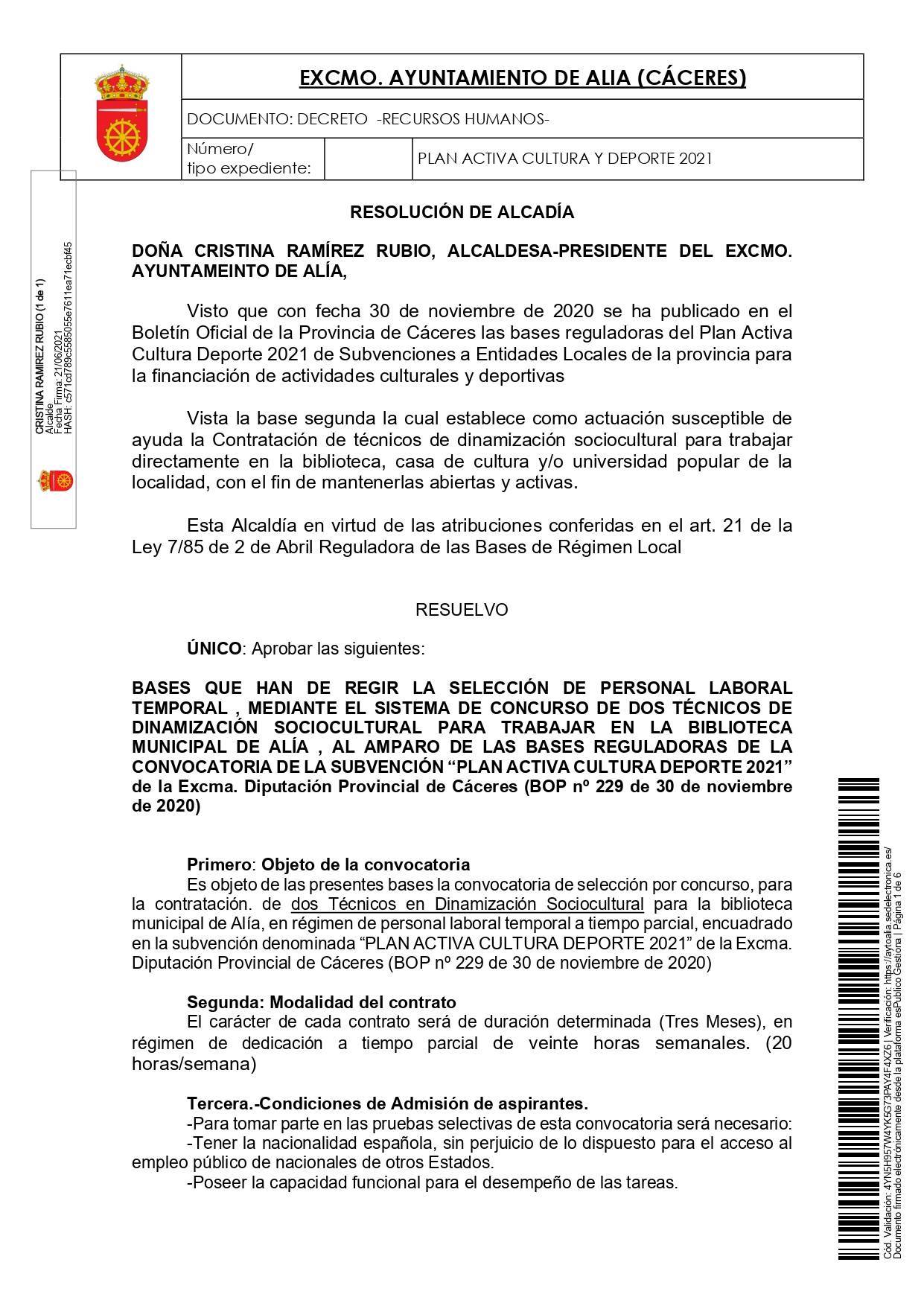 2 técnicos de dinamización sociocultural (2021) - Alía (Cáceres) 1