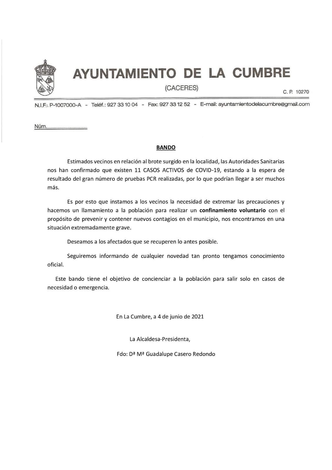 Brote y 11 casos positivos de COVID-19 (junio 2021) - La Cumbre (Cáceres)