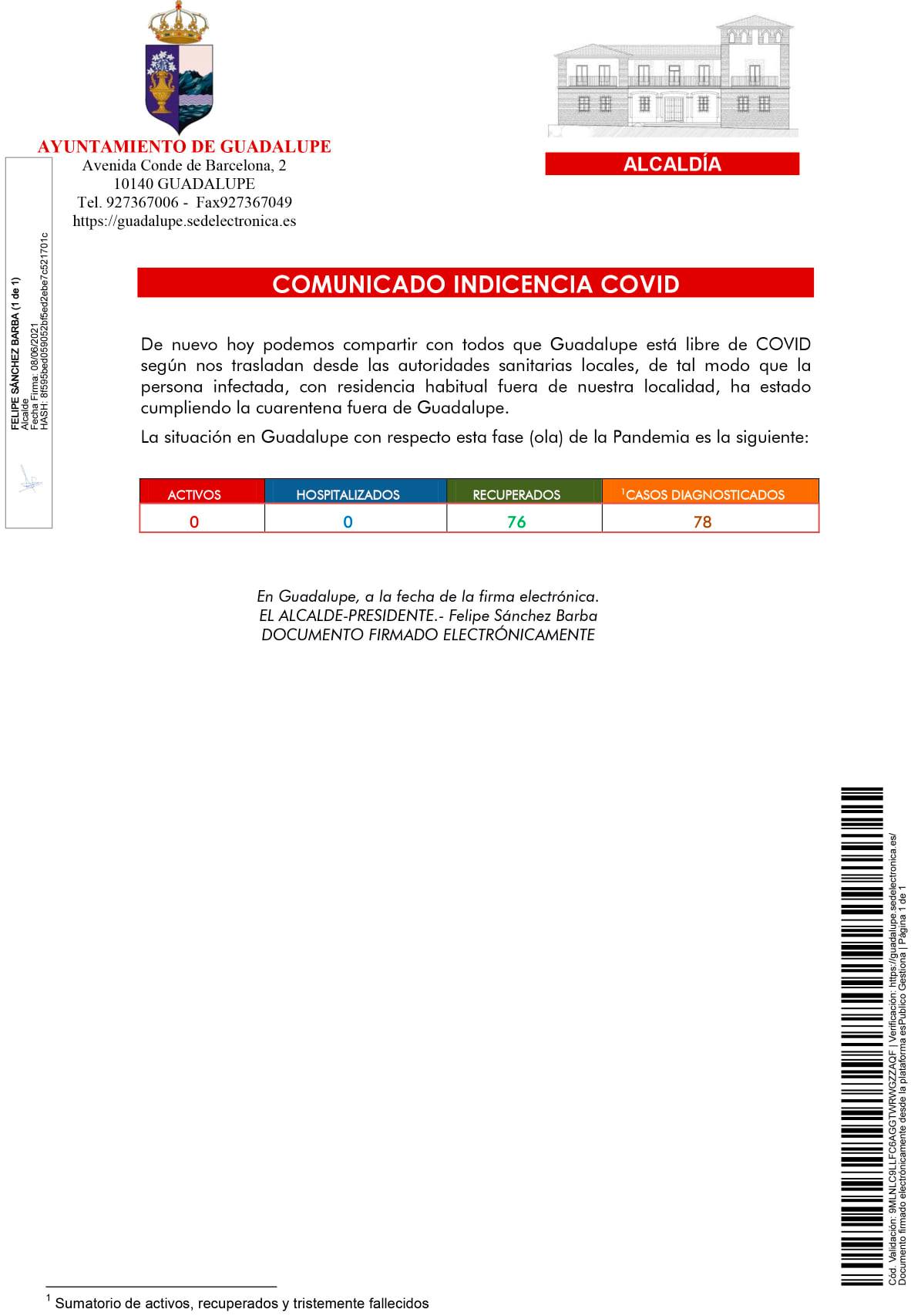 Nueva alta de COVID-19 (junio 2021) - Guadalupe (Cáceres)