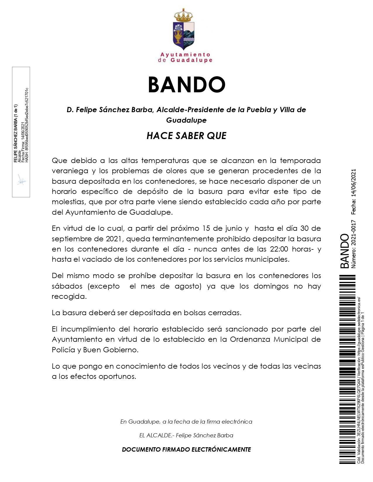 Nuevo horario de verano para depositar la basura (2021) - Guadalupe (Cáceres)