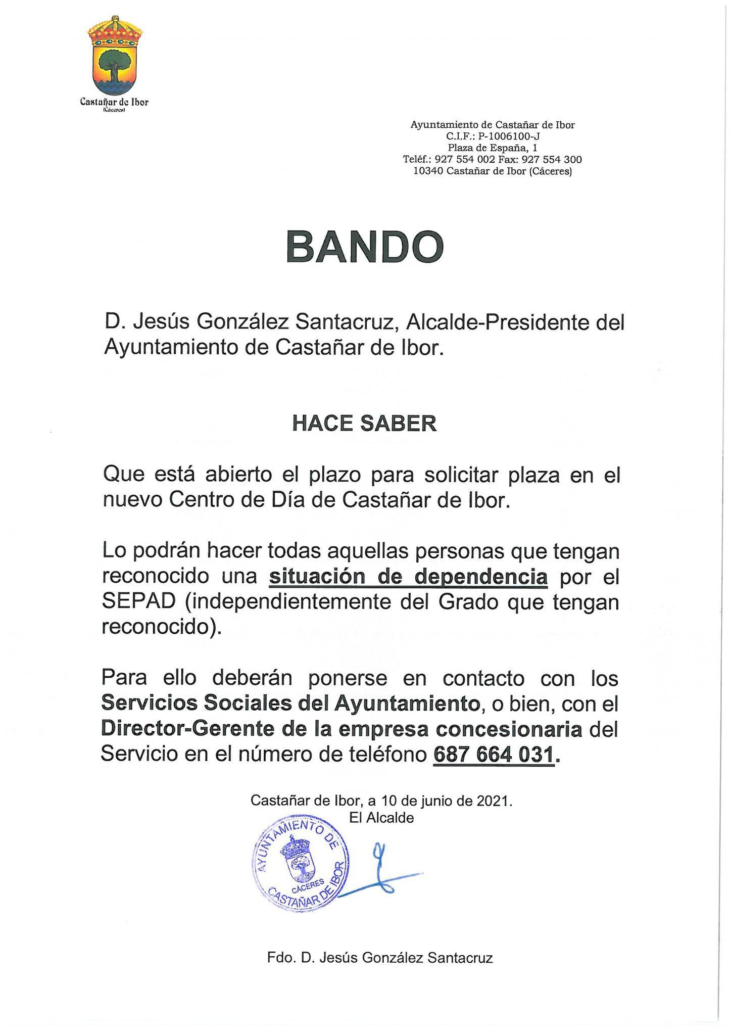 Se abre el plazo para solicitar plaza en el centro de día (2021) - Castañar de Ibor (Cáceres)