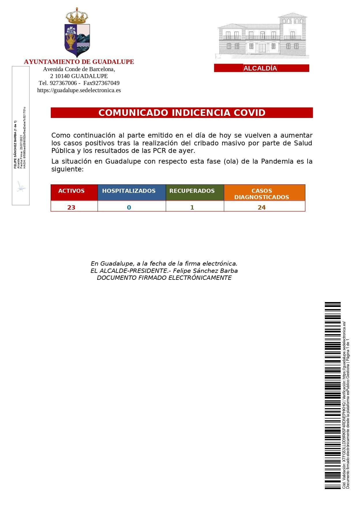 23 casos positivos activos de COVID-19 (julio 2021) - Guadalupe (Cáceres)