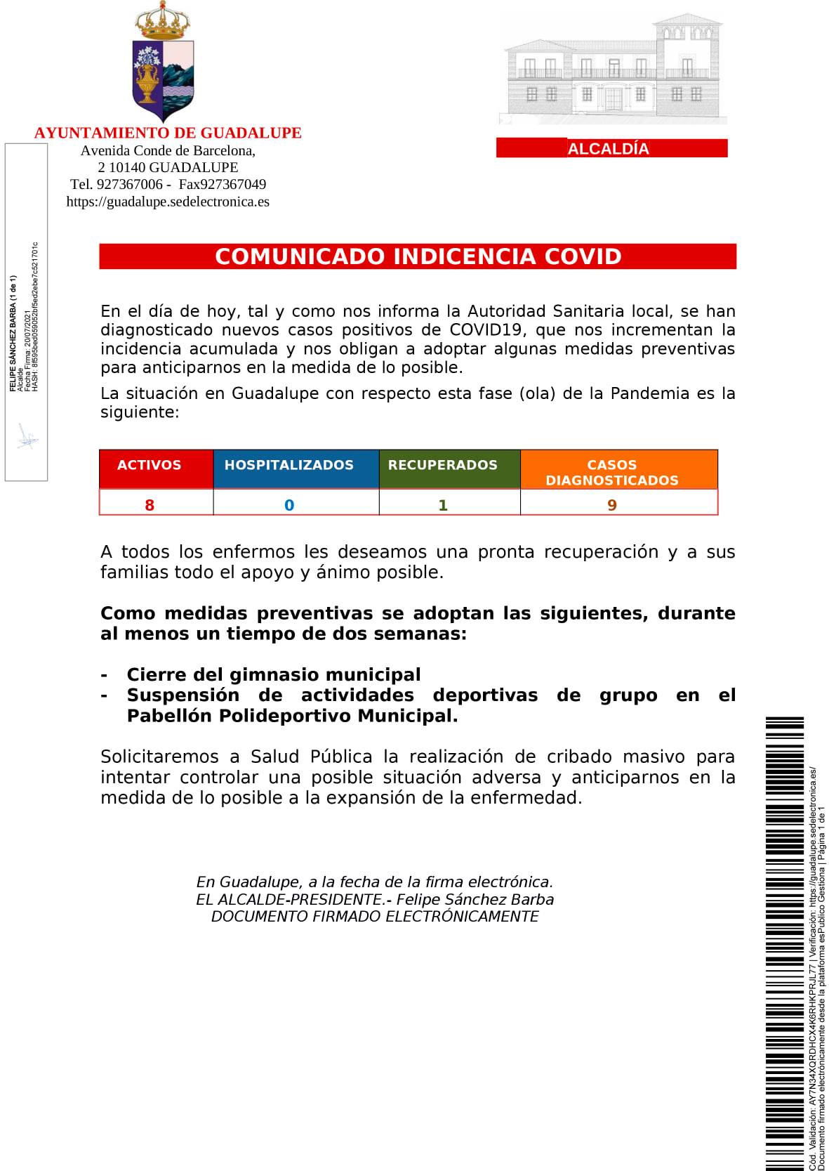 8 casos positivos de COVID-19 (julio 2021) - Guadalupe (Cáceres)