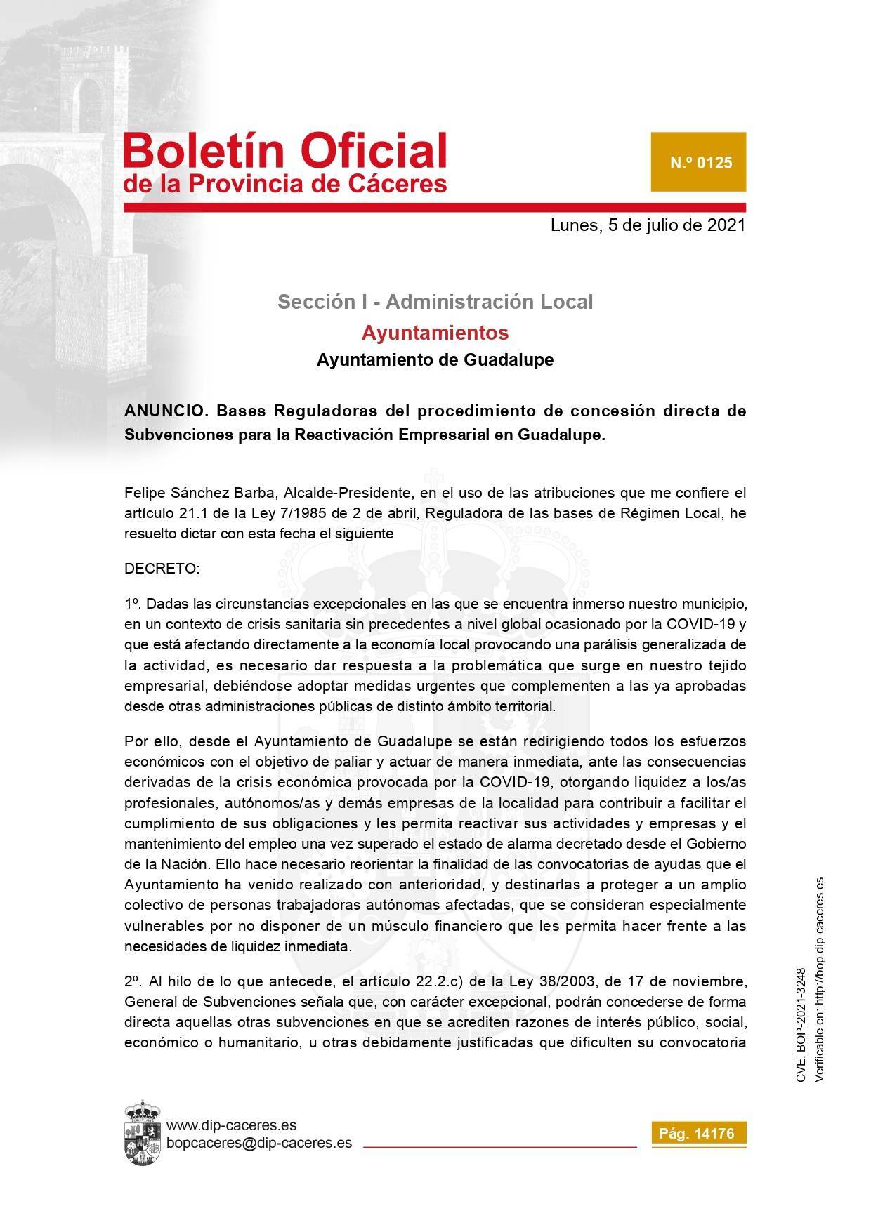 Concesión de subvenciones para la reactivación empresarial (2021) - Guadalupe (Cáceres) 1