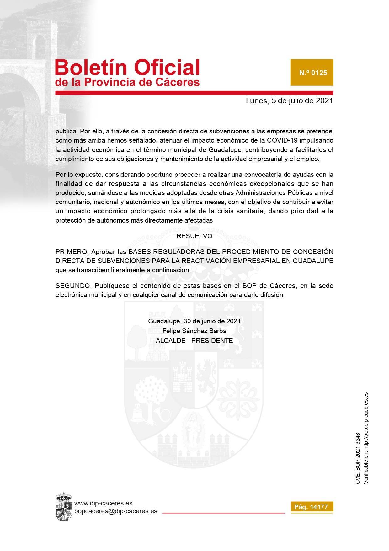 Concesión de subvenciones para la reactivación empresarial (2021) - Guadalupe (Cáceres) 2
