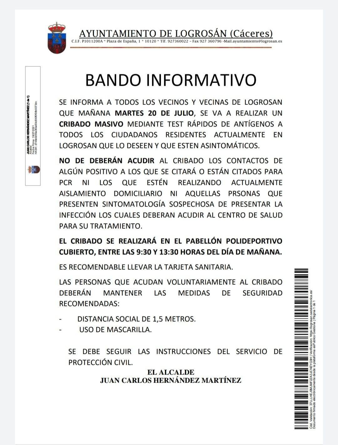 Cribado masivo de COVID-19 (julio 2021) - Logrosán (Cáceres)