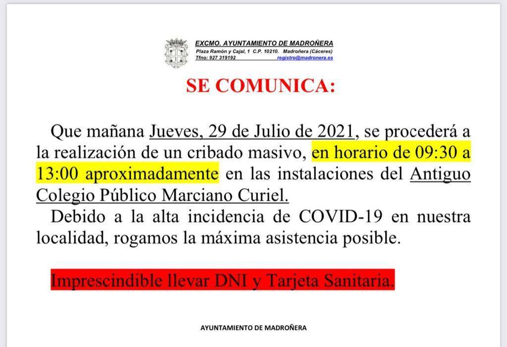 Cribado masivo y 8 nuevos casos positivos de COVID-19 (julio 2021) - Madroñera (Cáceres) 1
