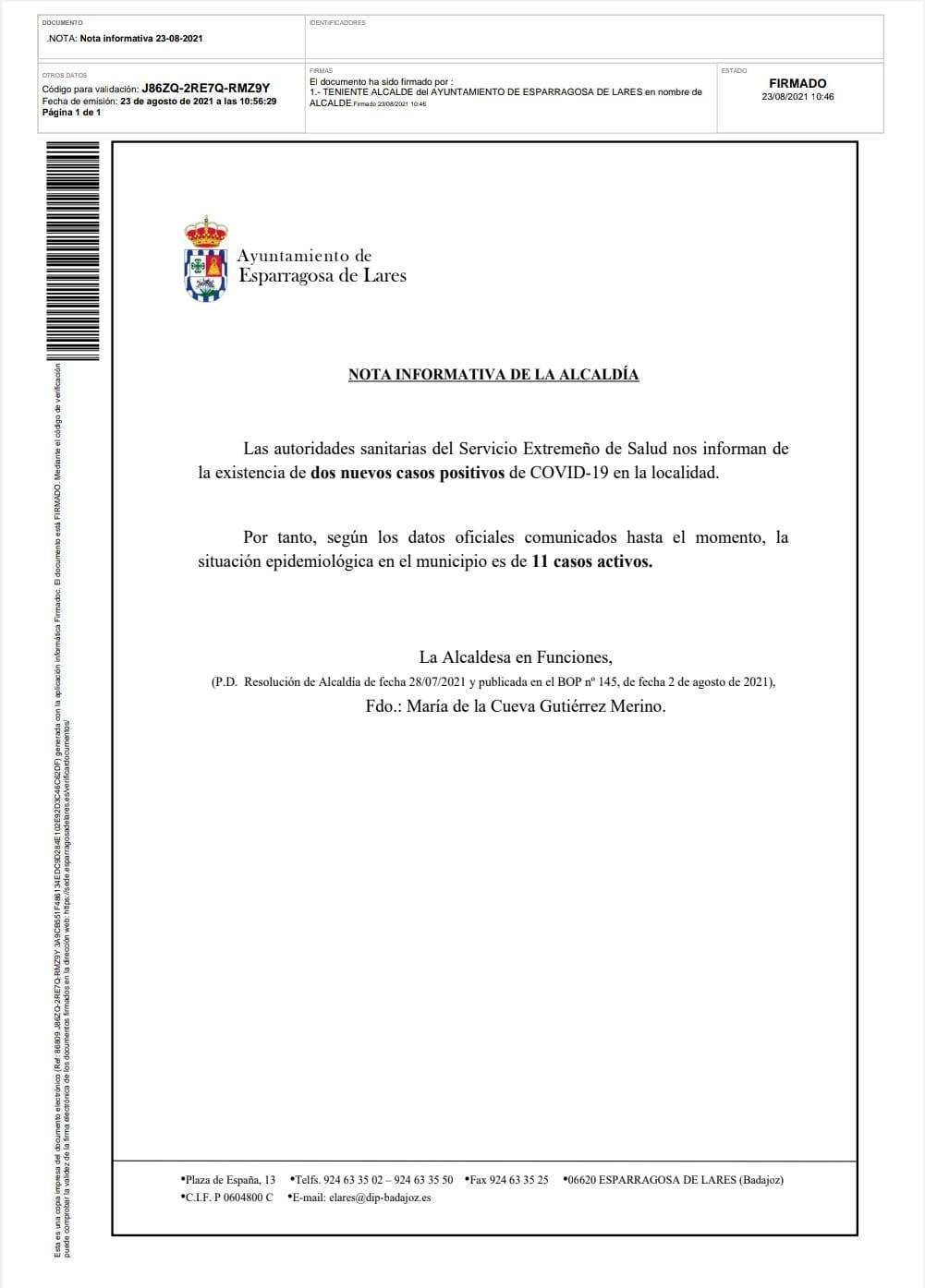 11 casos positivos activos de COVID-19 (agosto 2021) - Esparragosa de Lares (Badajoz)