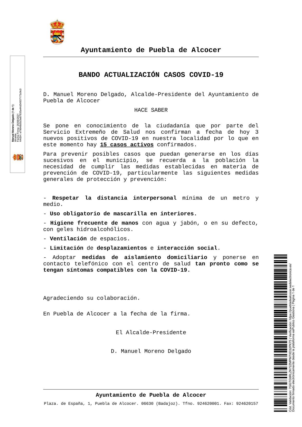 15 casos positivos activos de COVID-19 (agosto 2021) - Puebla de Alcocer (Badajoz)