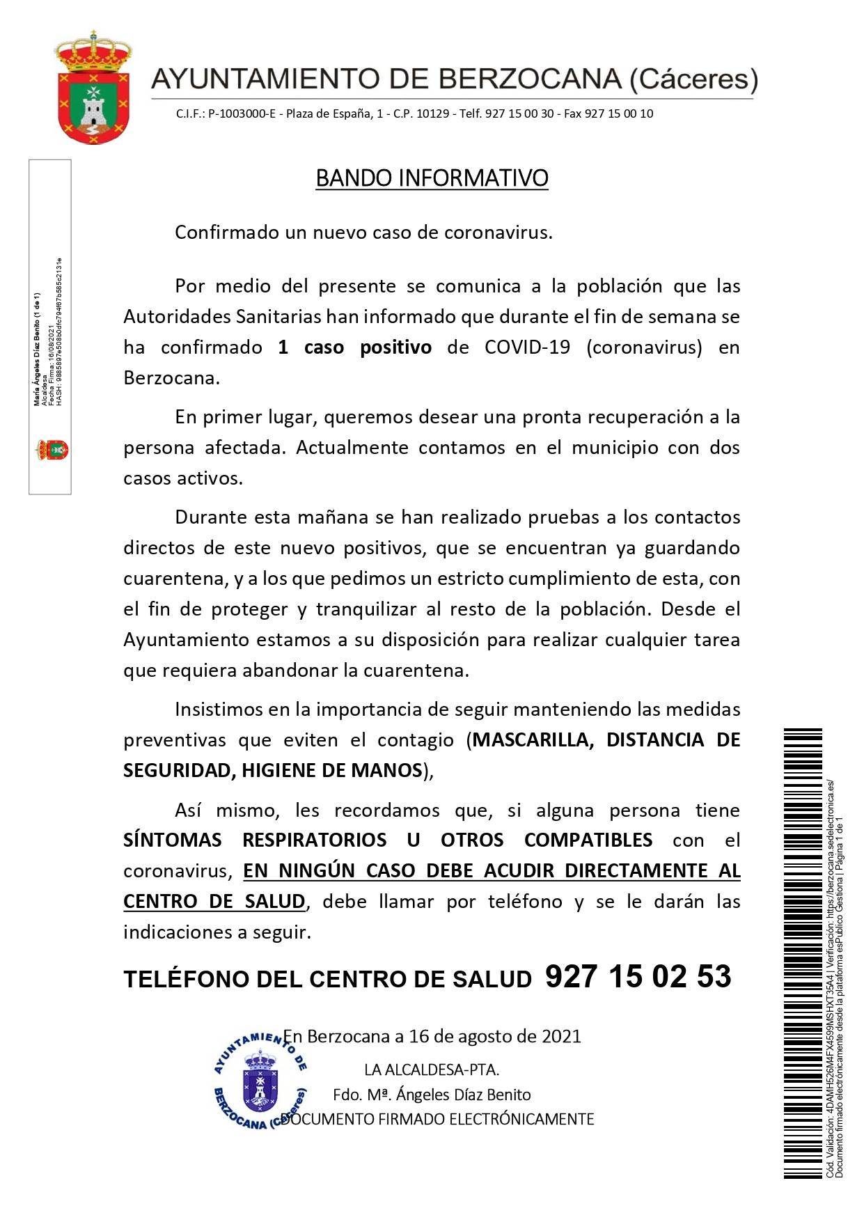 2 casos positivos activos de COVID-19 (agosto 2021) - Berzocana (Cáceres)