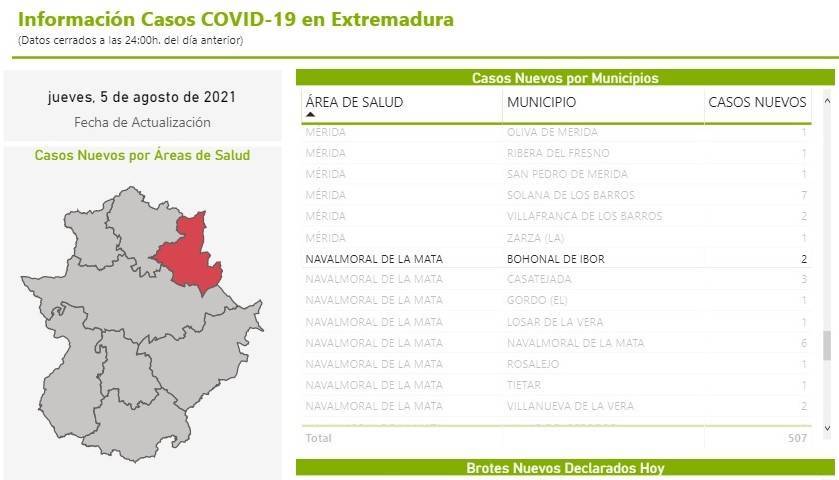 2 nuevos casos positivos de COVID-19 (agosto 2021) - Bohonal de Ibor (Cáceres)
