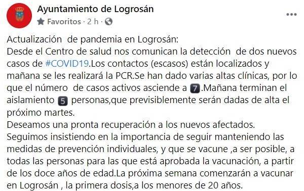 2 nuevos casos positivos de COVID-19 (agosto 2021) - Logrosán (Cáceres)