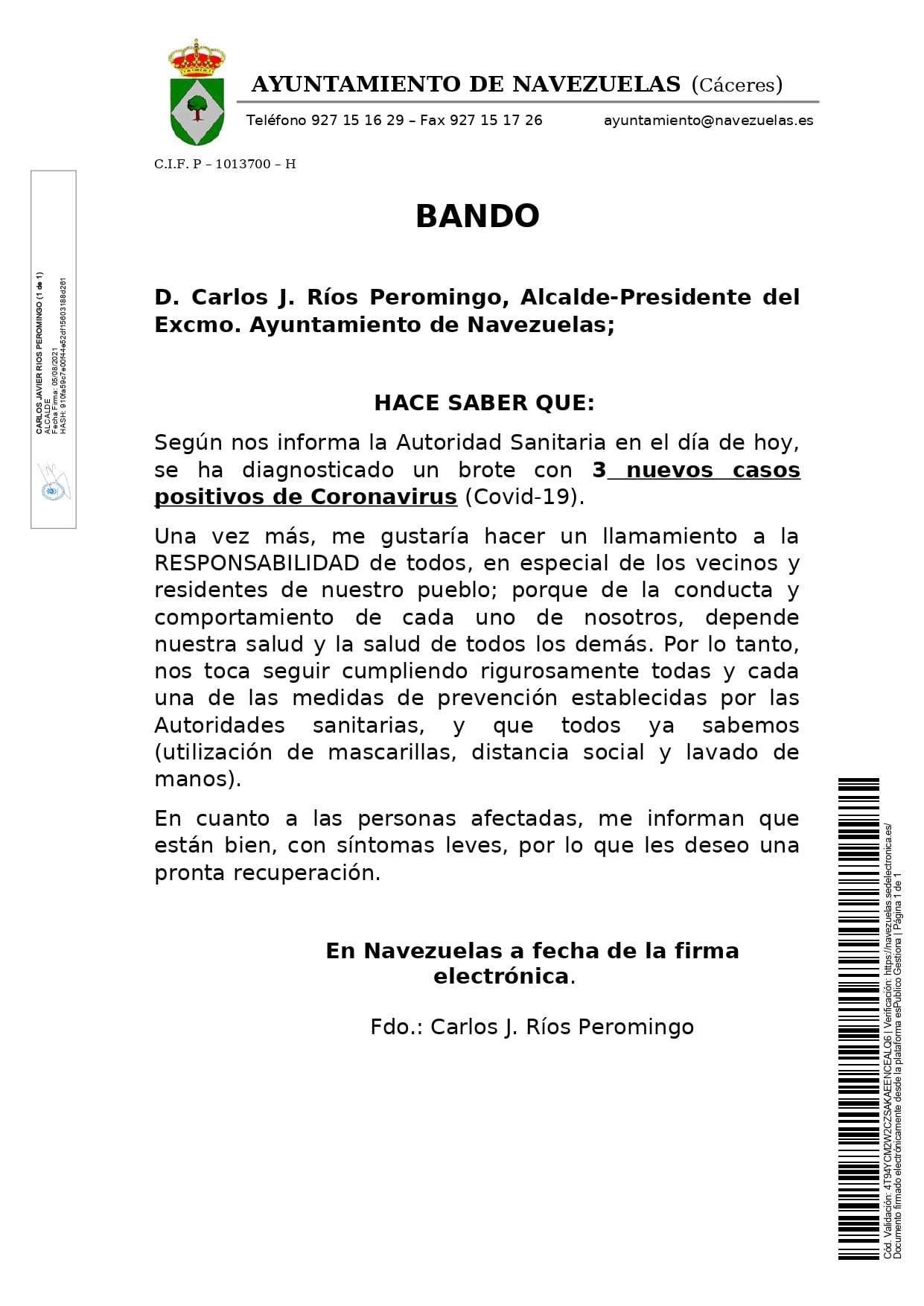 3 casos positivos activos de COVID-19 (agosto 2021) - Navezuelas (Cáceres)