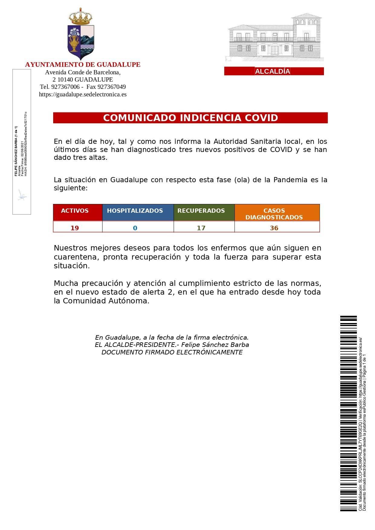 3 nuevos casos positivos y 3 nuevas altas de COVID-19 (agosto 2021) - Guadalupe (Cáceres)