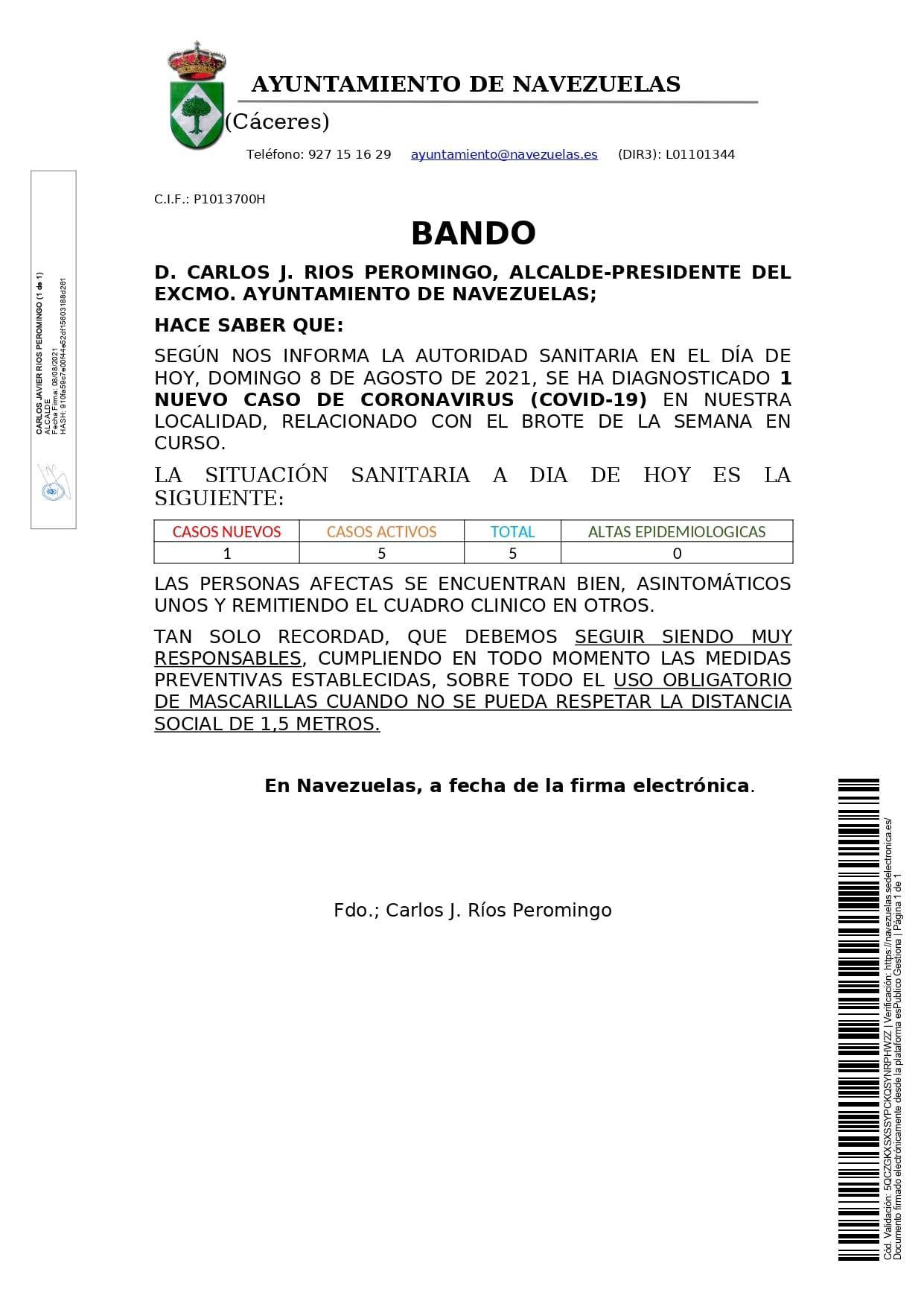 5 casos positivos activos de COVID-19 (agosto 2021) - Navezuelas (Cáceres)