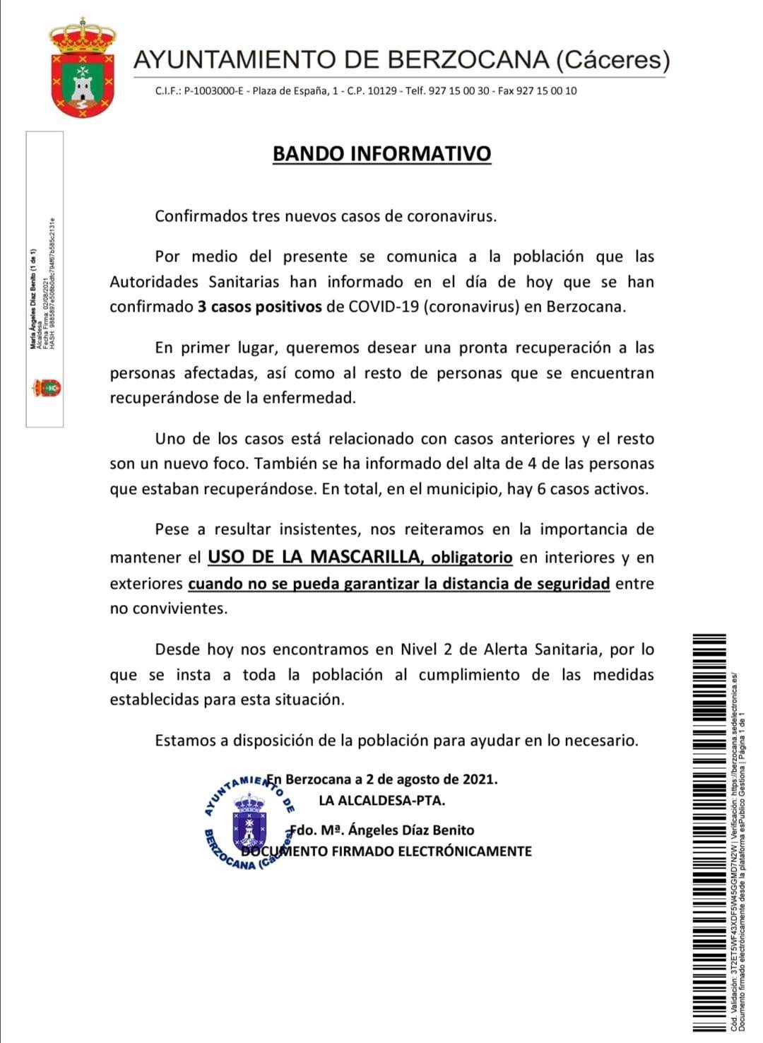 6 casos positivos activos de COVID-19 (agosto 2021) - Berzocana (Cáceres)