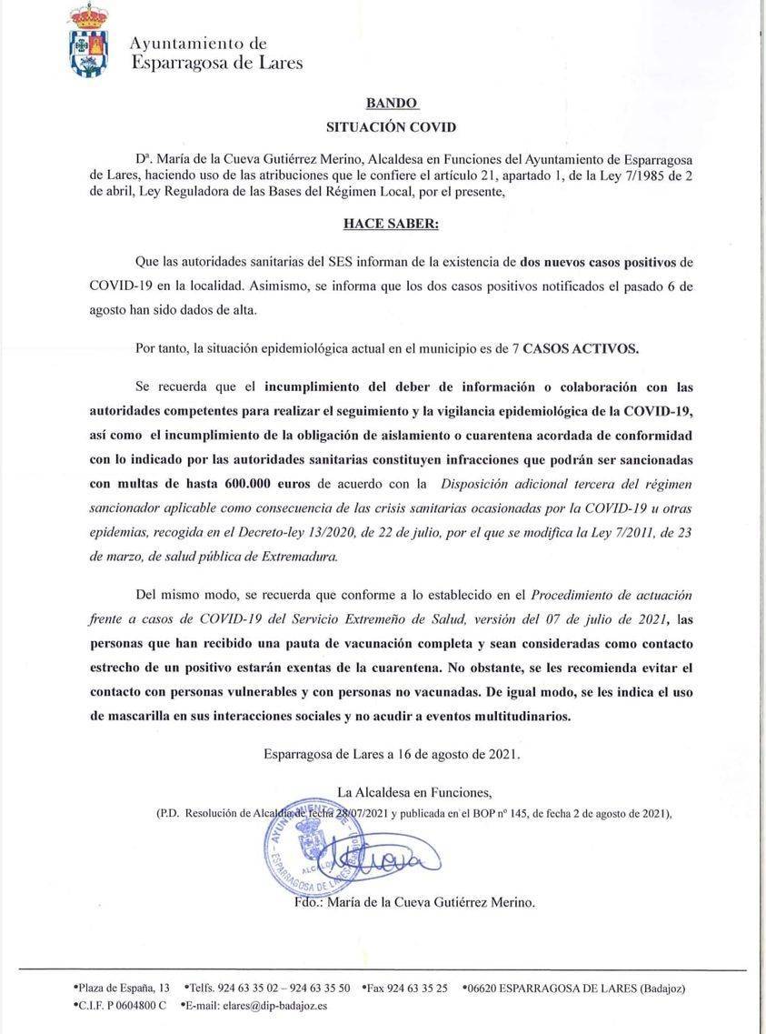 7 casos positivos activos de COVID-19 (agosto 2021) - Esparragosa de Lares (Badajoz)