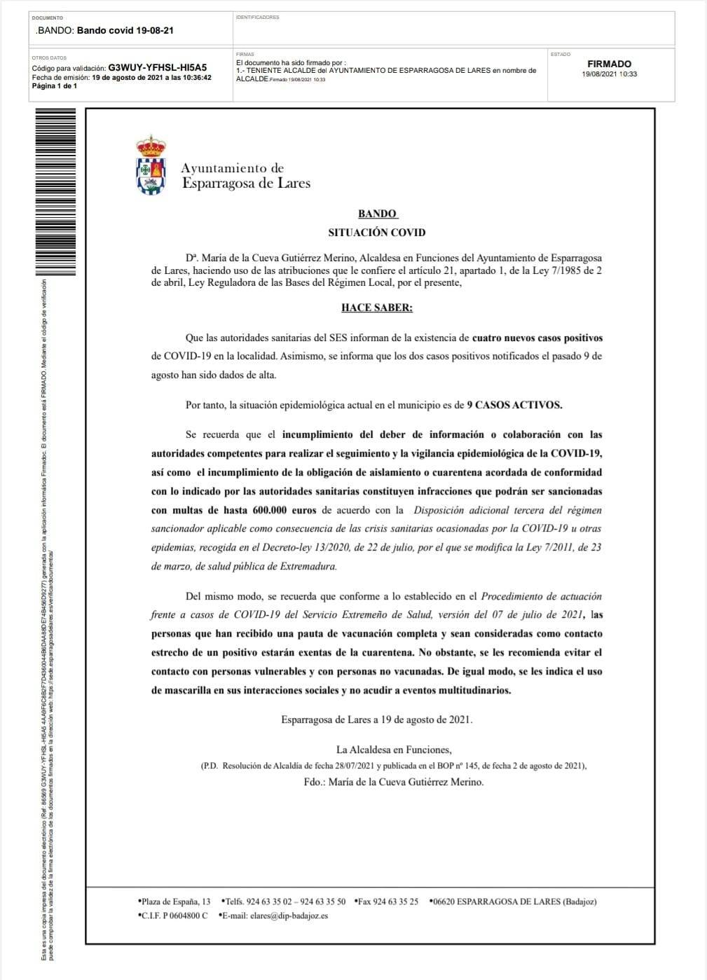 9 casos positivos activos de COVID-19 (agosto 2021) - Esparragosa de Lares (Badajoz)
