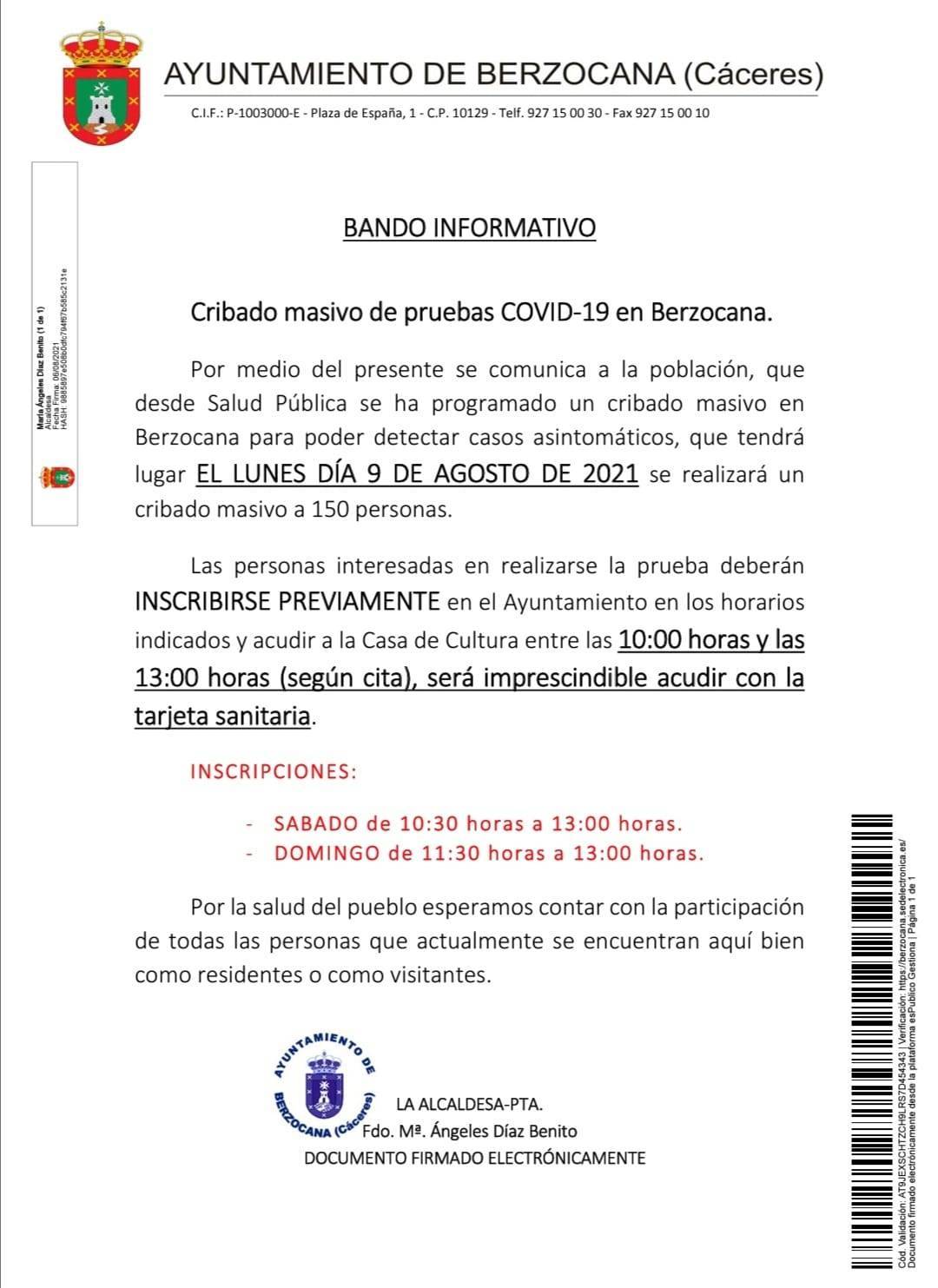 Cribado masivo de COVID-19 (agosto 2021) - Berzocana (Cáceres)