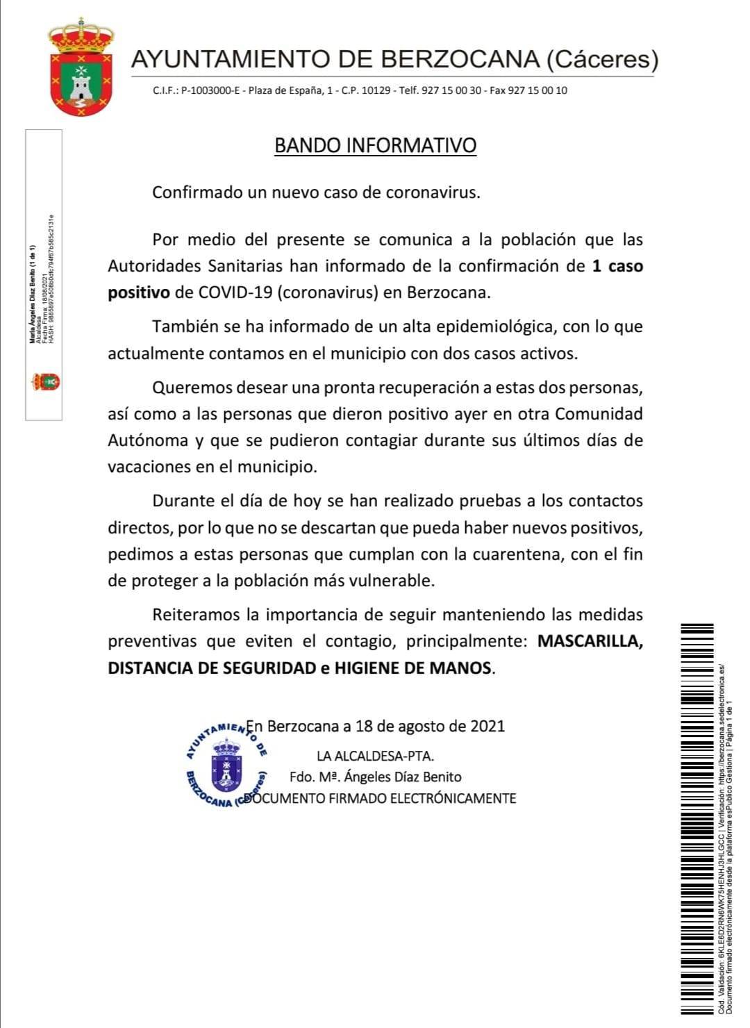 Dos casos positivos activos de COVID-19 (agosto 2021) - Berzocana (Cáceres)