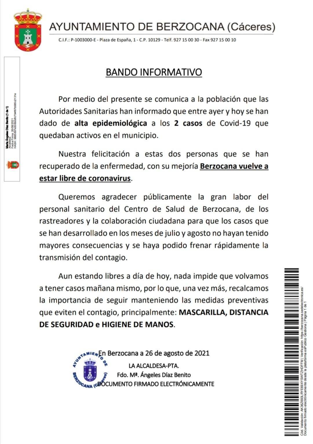 Ningún caso positivo activo de COVID-19 - Berzocana (Cáceres)