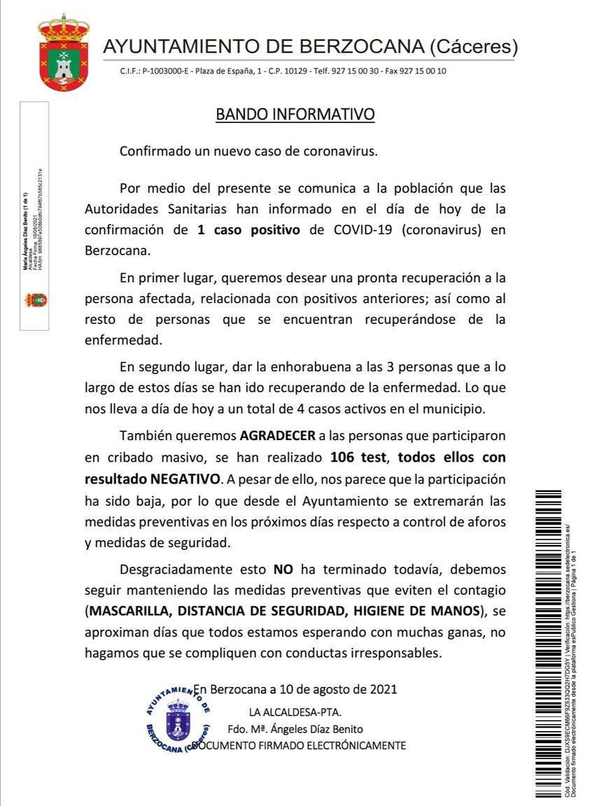 Nuevo caso positivo de COVID-19 (agosto 2021) - Berzocana (Cáceres)