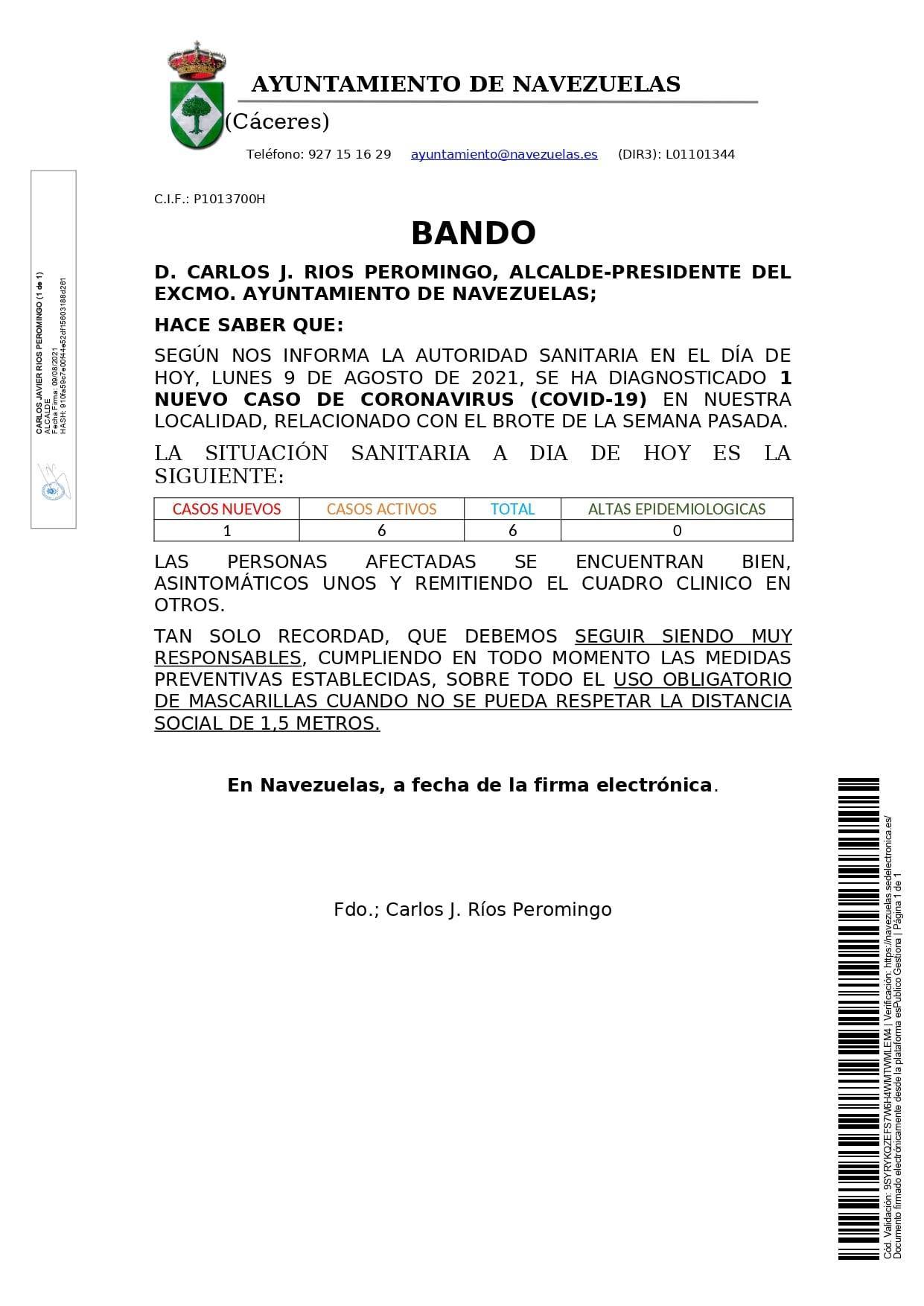 Nuevo caso positivo de COVID-19 (agosto 2021) - Navezuelas (Cáceres)