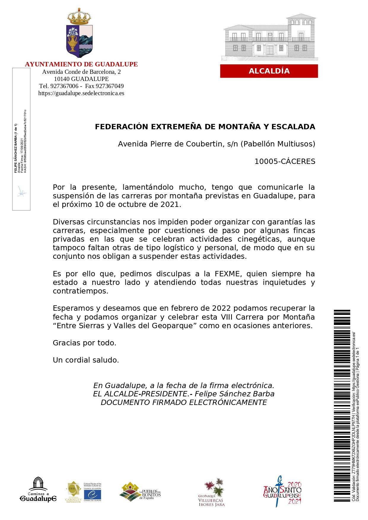 Se suspende la VIII Carrera por Montaña 'Entre Sierras y Valles del Geoparque' (2021) - Guadalupe (Cáceres)