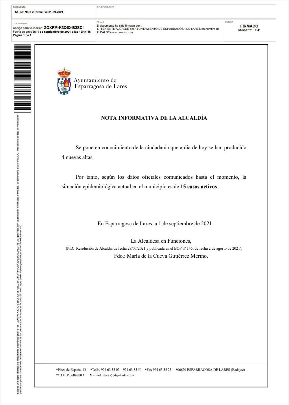 15 casos positivos activos de COVID-19 (septiembre 2021) - Esparragosa de Lares (Badajoz)