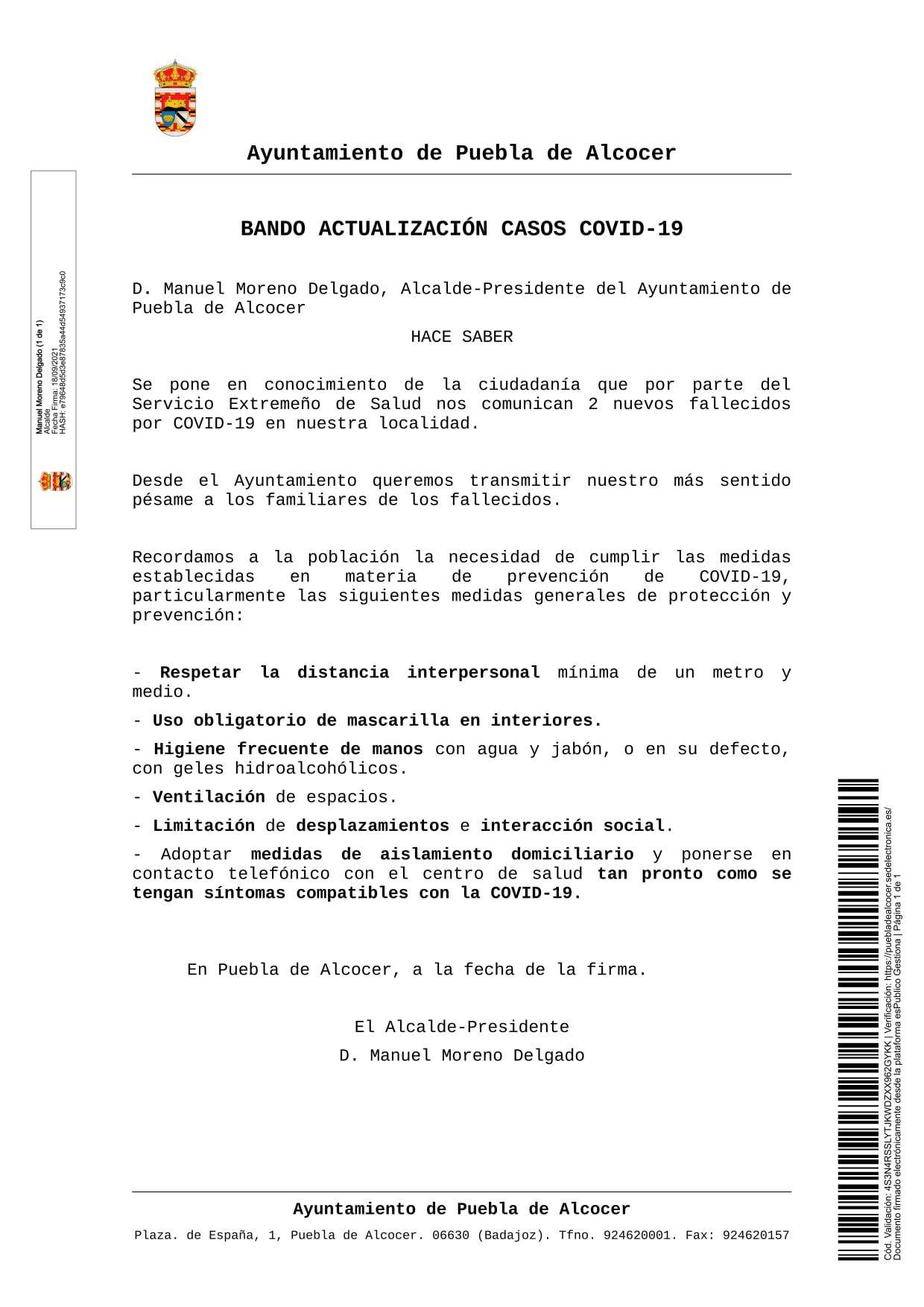 2 nuevos fallecidos por COVID-19 (septiembre 2021) - Puebla de Alcocer (Badajoz)