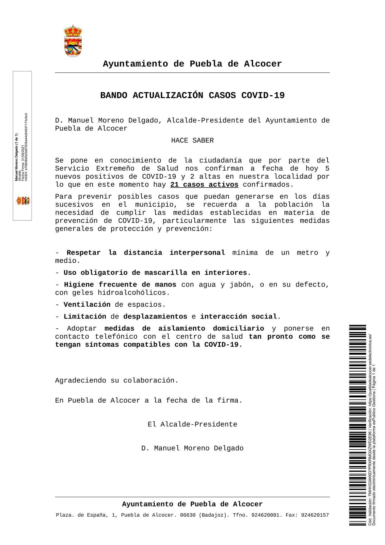 21 casos positivos activos de COVID-19 (agosto 2021) - Puebla de Alcocer (Badajoz)
