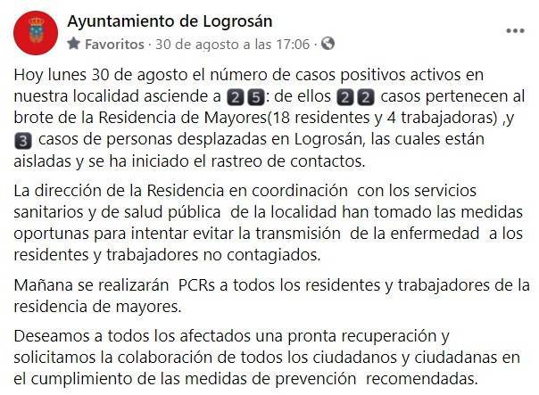 27 casos positivos activos de COVID-19 (septiembre 2021) - Logrosán (Cáceres)