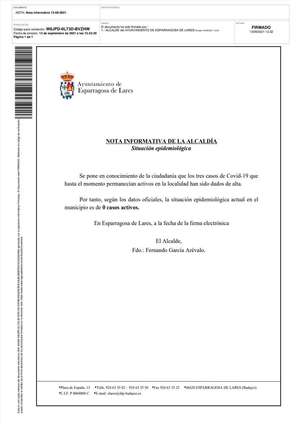 Cero casos positivos activos de COVID-19 (septiembre 2021) - Esparragosa de Lares (Badajoz)