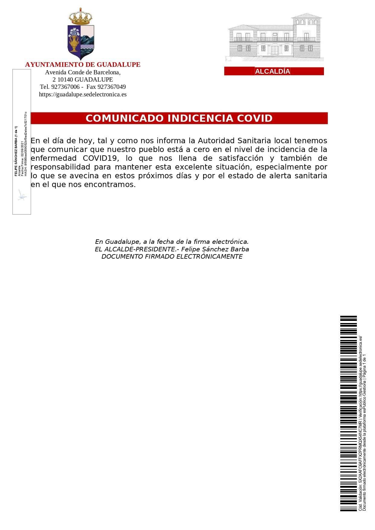 Cero casos positivos activos de COVID-19 (septiembre 2021) - Guadalupe (Cáceres)