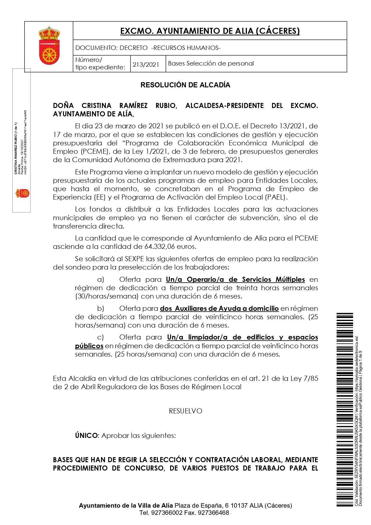 Bases para varios puestos de trabajo (octubre 2021) - Alía (Cáceres) 1