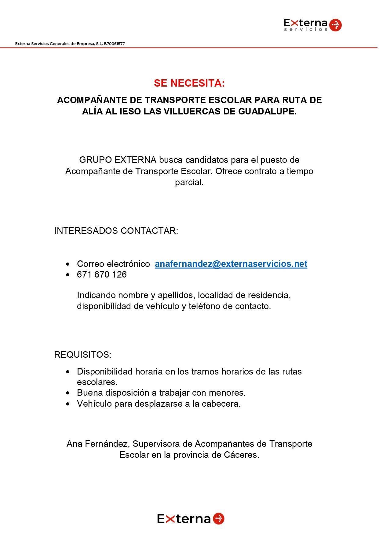 Acompañante de transporte escolar para ruta de Alía (Cáceres) a Guadalupe (Cáceres) (2021)