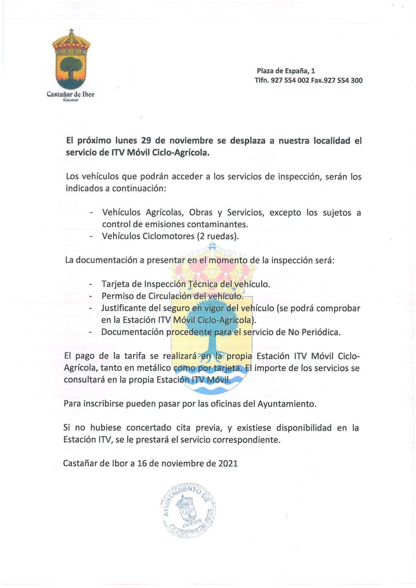 Desplazamiento de ITV móvil ciclo-agrícola (2021) - Castañar de Ibor (Cáceres)