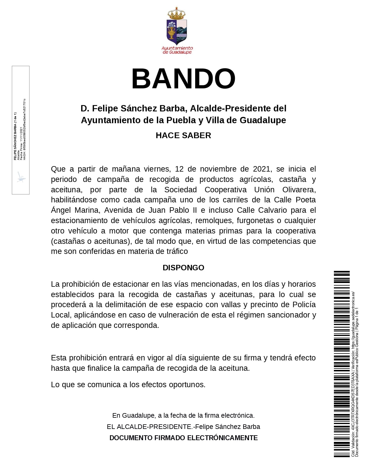 Estacionamiento delimitado para la campaña agrícola (2021) - Guadalupe (Cáceres)