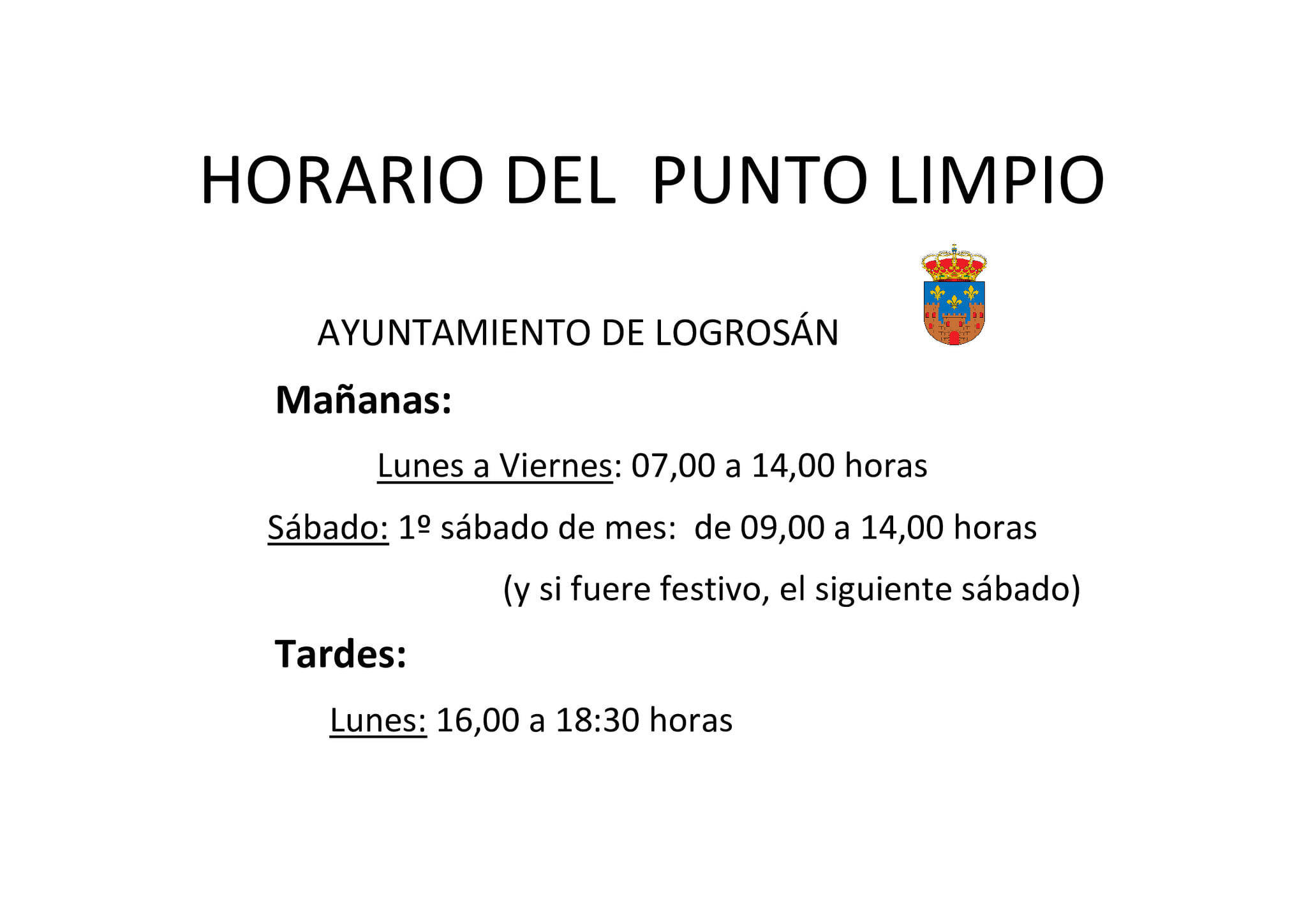 Horario del punto limpio (noviembre 2021) - Logrosán (Cáceres)
