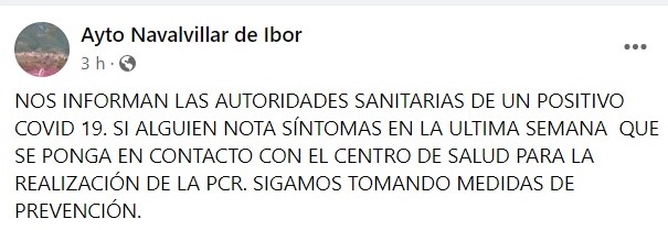 Un caso positivo de COVID-19 (noviembre 2021) - Navalvillar de Ibor (Cáceres)