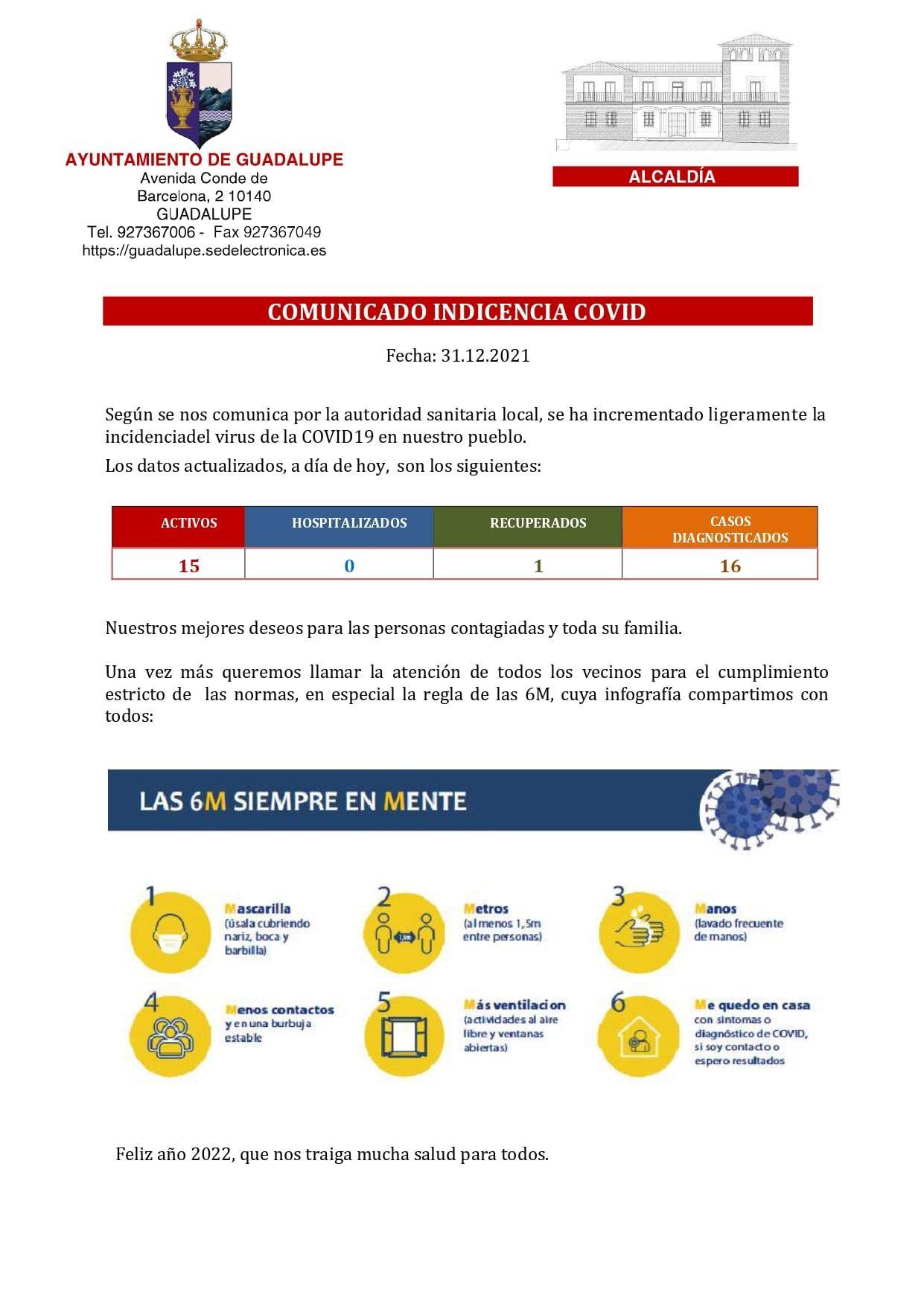15 casos positivos activos de COVID-19 (diciembre 2021) - Guadalupe (Cáceres)